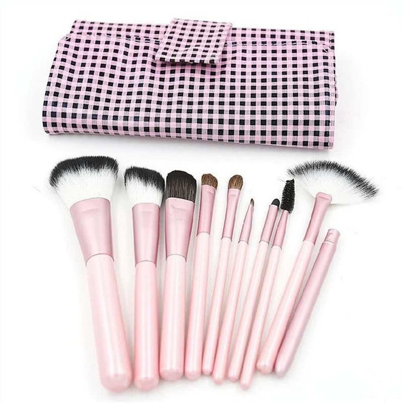 Customized Logo Pink 10pcs Makeup Brush Set With Plaid Makeup Bag Foundation Powder Makeup Brush Eye Shadow Eyebrow Lip Brush