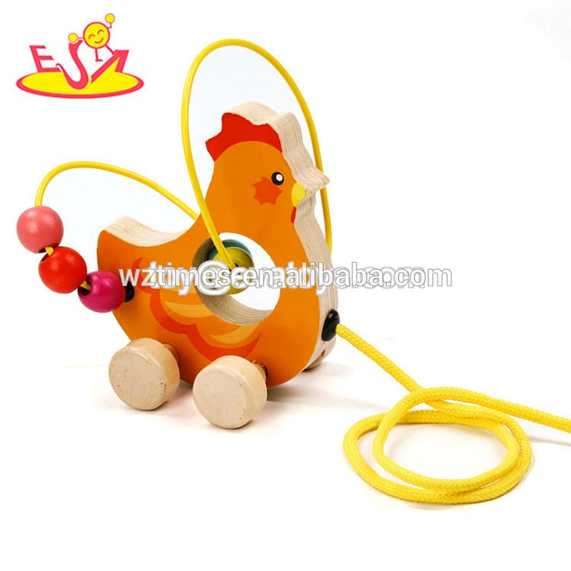 2018 Cheap wooden animal pull toys with rope for baby W05B168