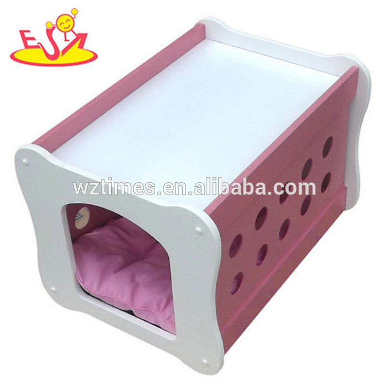 Wholesale top quality wooden blue household pet bed with cotton canvas mattress W06F007B