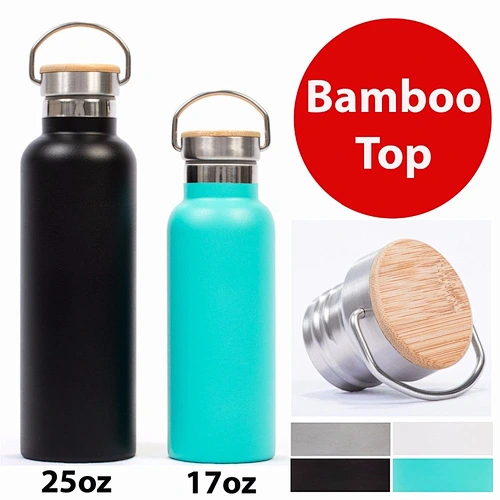 25 Oz Water Bottle w/Bamboo Lid and Handle, Vacuum Insulated, Copper Lined, Double Walled, Leak and Sweat Proof