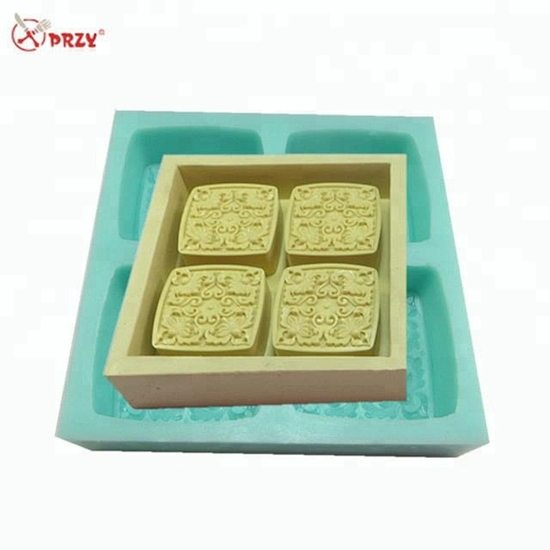 4 Cavities flower pattern Cake mould Silicone Curved Soap molds square Ice mold