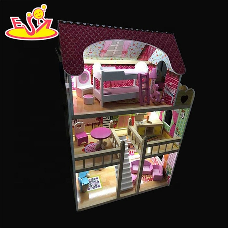 2019 New fashion girls big wooden dollhouse with lights W06A163D
