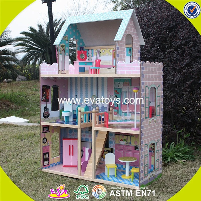 wholesale lovely role play kids wooden dollhouse delicate style children's wooden pink dollhouse for sale W06A032