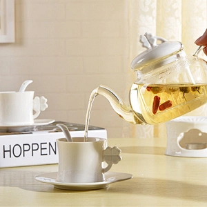 Best Selling Porcelain ware Tea Pot Set Promotional Simple Ceramic Tea Cup with Handle and Tray