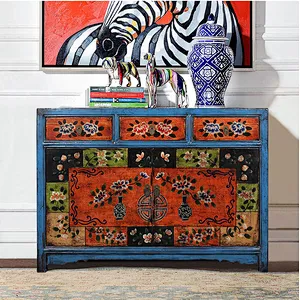 chinese antique furniture blue frame colourful two door three drawer cabinet