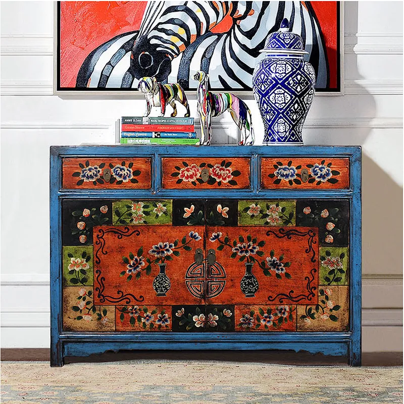chinese antique furniture blue frame colourful two door three drawer cabinet