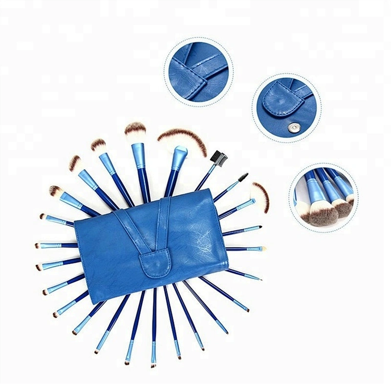 Wood Handle Synthetic Hair Blue 24pcs Cosmetic Makeup Brush Set With Roller Makeup Bag