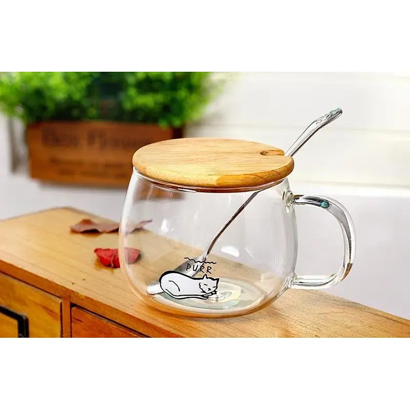 Good Sell Product Cute Pet High Borosilicate Glass Cup with Cover and Spoon Mug