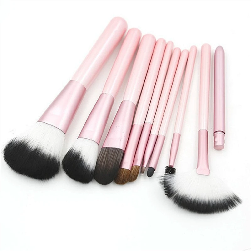 Customized Logo Pink 10pcs Makeup Brush Set With Plaid Makeup Bag Foundation Powder Makeup Brush Eye Shadow Eyebrow Lip Brush