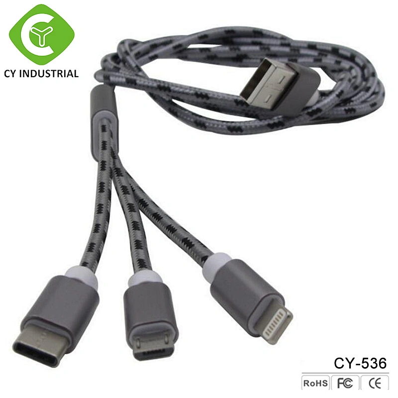 Nylon usb cable type c 3 in 1 USB cable charger ,data charging cable cord for mobile phones