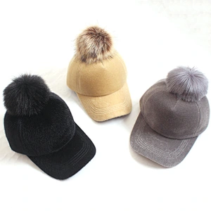 Ladies suede leather embroidery designs fur ball pom pom cap