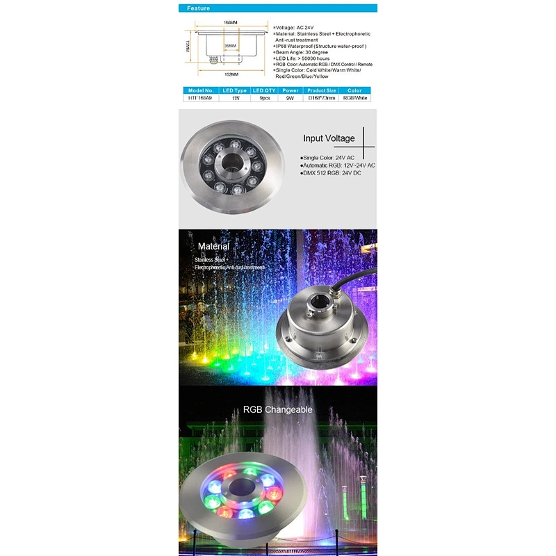 Fish Pond Tank Waterfall Garden 9 Watt 24V Brilliant Underwater led fountain nozzle light