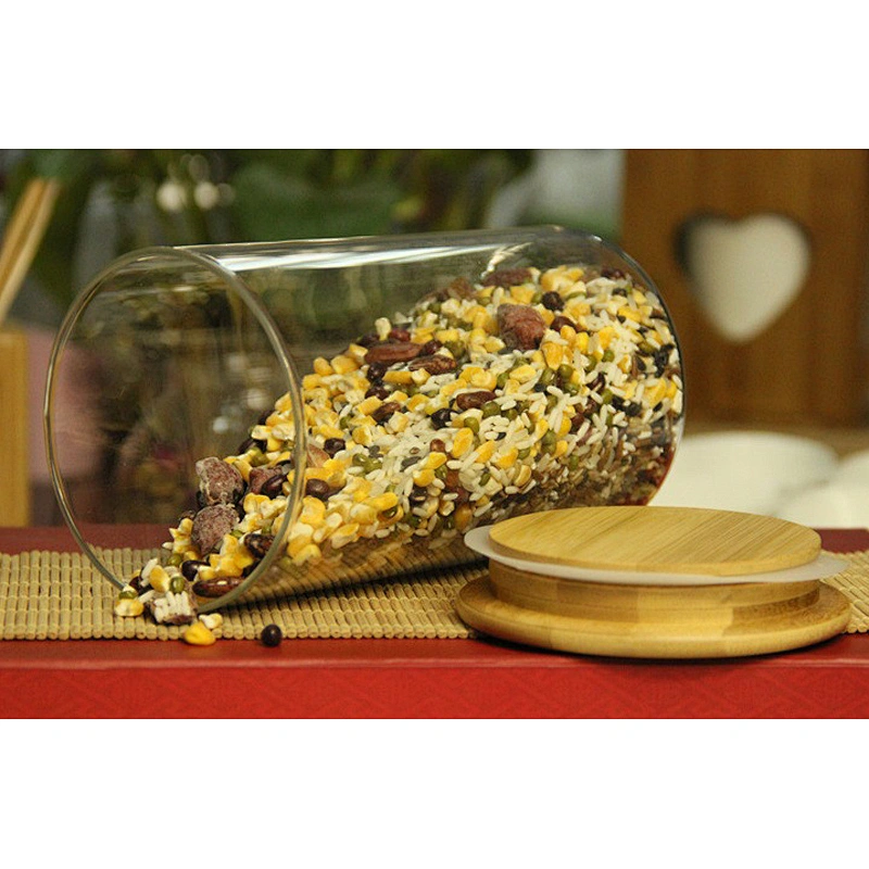 Cheap borosilicate sealed glass jar storage with wood lid for food