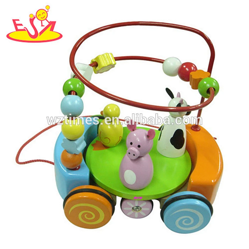 Wholesale preschool educational toys wooden animal cart pull along toy for kids WJ278241