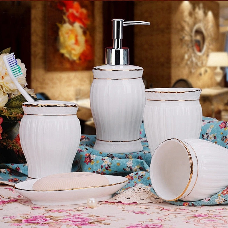 Home Porcelain Toilet Set Fashion 5pcs Ceramic Bathroom Set China Supplier in-stock Toothbrush and Gargle Cup