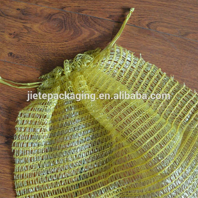 Low price yellow plastic raschel mesh net bag with drawstring for orange,garlic,onions,potato