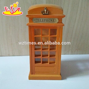 Wholesale beautiful wooden brown coin bank telephone booth shape wooden brown coin bank W02A274