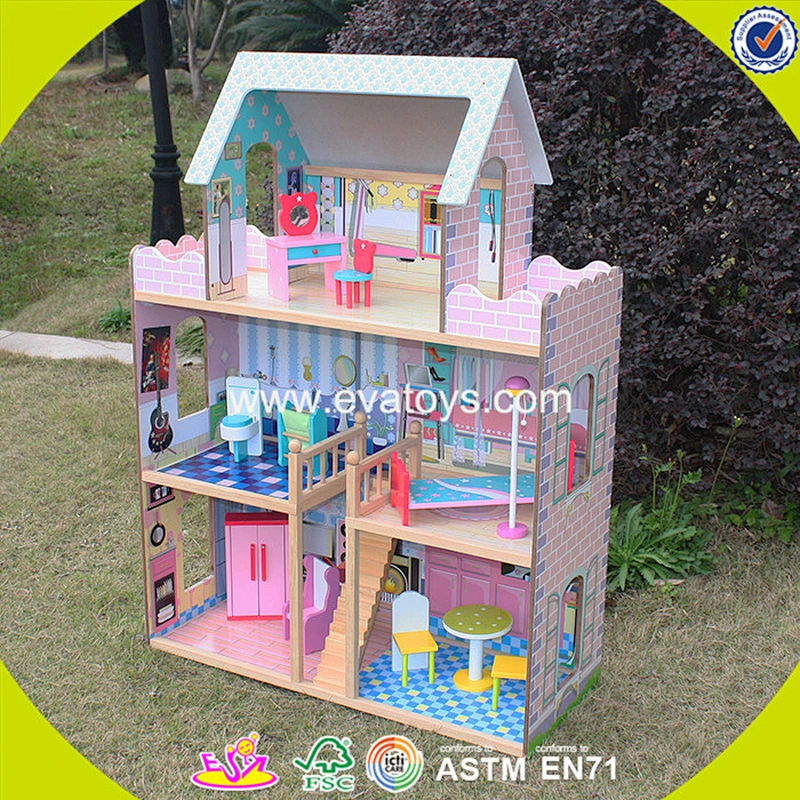 2018 New design baby wooden dolls house girls pink wooden dolls house top fashion kids wooden dolls house W06A037