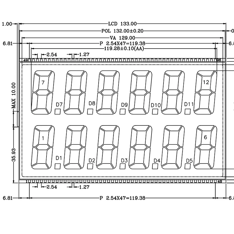 12Digits 7 Segment widescreen TN screen LCD Display