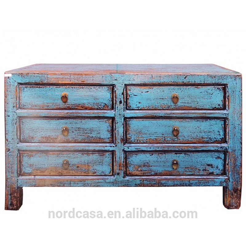 chinese reclaimed wood blue color six drawers side cabinet