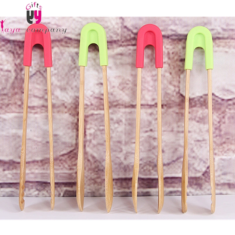 Kitchen Cooking Tools Wood Silicone Handle BBQ Food Tong