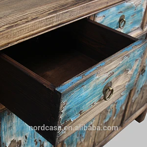recycle pine wood three drawer four door blue chinese antique style side table