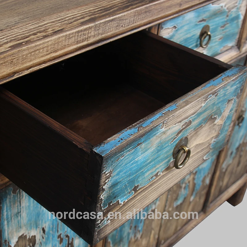 recycle pine wood three drawer four door blue chinese antique style side table