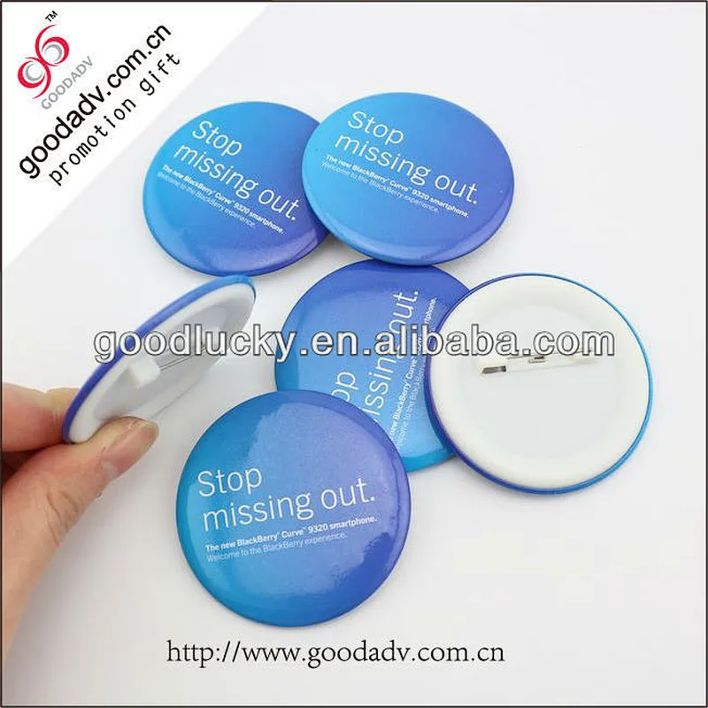 Round custom tin badge for clothes with safety pin and cardboard