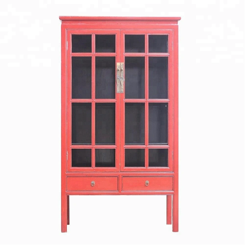 chinese antique lacquer wooden storage bookcase furniture with clear glass door