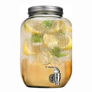 8L Quality Ice Cold Clear Glass Jug Beverage Dispenser with Set of 4 Ice Cold Mason Mugs and Gingham Lids and Straws