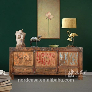 chinese antique style 3 drawer 6 door hand painting reclaimed elm wood buffet