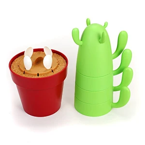 Mugs & Spoon Set 4-piece for Drinking Coffee / Tea / Beverage, Creative Cactus Shape, Plastic Stacking Small Cups Mugs for Cute