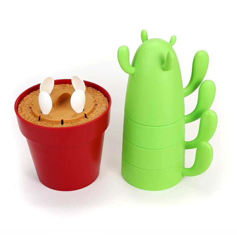 Mugs & Spoon Set 4-piece for Drinking Coffee / Tea / Beverage, Creative Cactus Shape, Plastic Stacking Small Cups Mugs for Cute