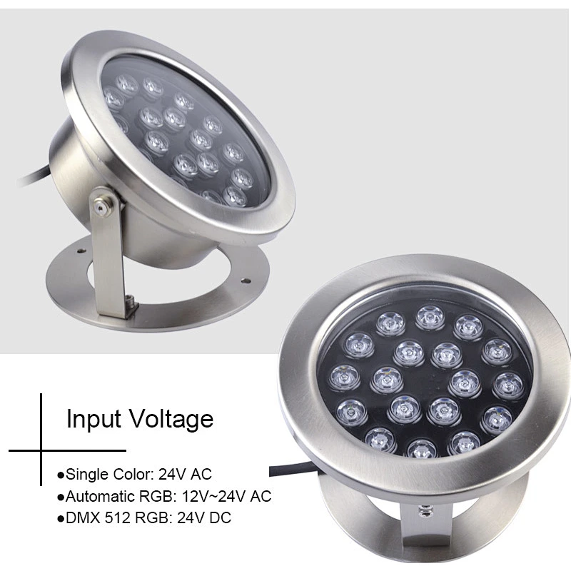 304 316S Stainless Steel IP68 Waterproof Outdoor Lighting 24V 18W Pure White Warm White RGB LED Underwater Light Wireless