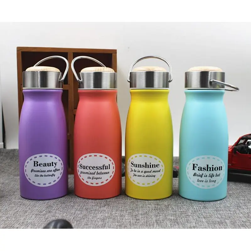 2017 new style 304 stainless steel milk vacuum mug with Wooden covered for girl easy to take