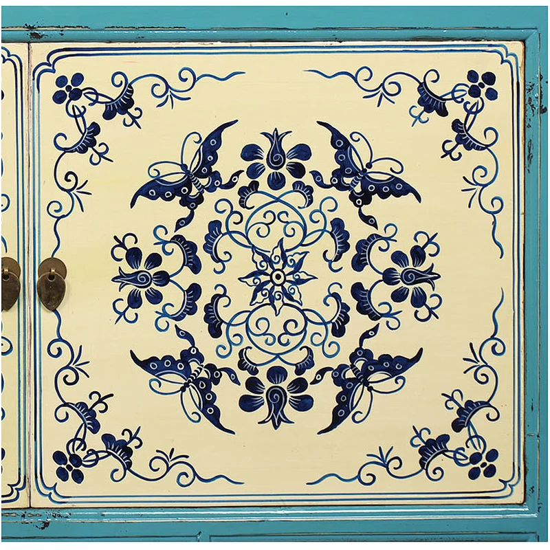chinese antique Mediterranean blue and white painted solid wooden vintage living room buffet