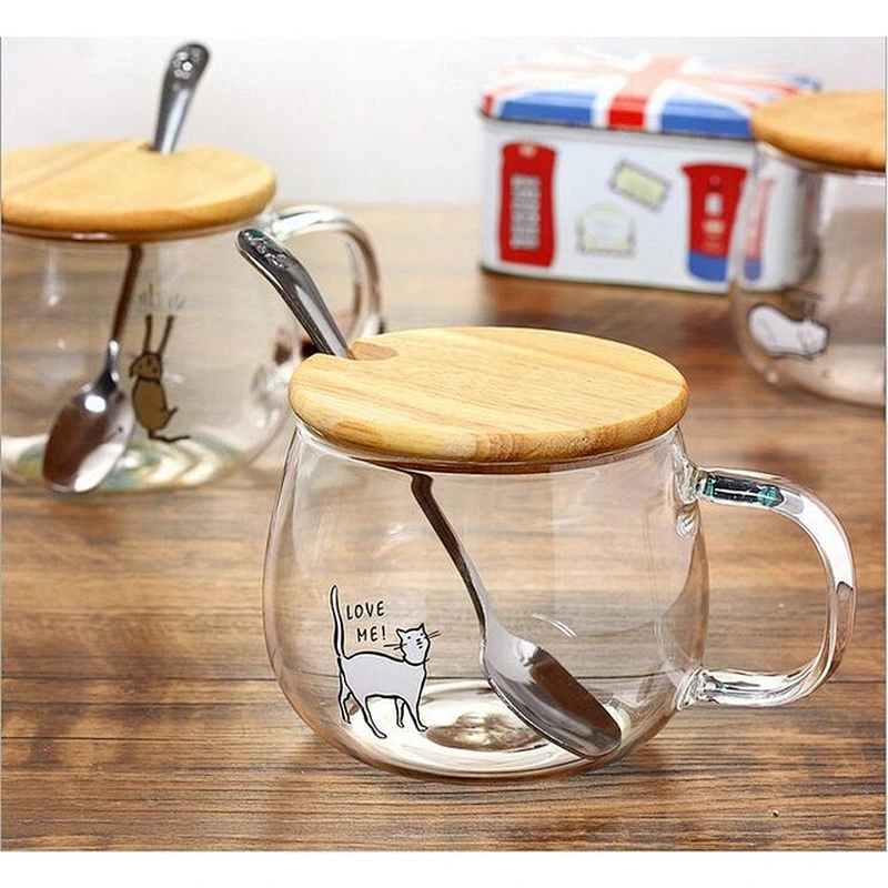 Good Sell Product Cute Pet High Borosilicate Glass Cup with Cover and Spoon Mug