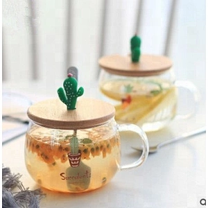 Creative 200ml 300ml Cartoon High Borosilicate Glass Mug With Bamboo lid and Spoon