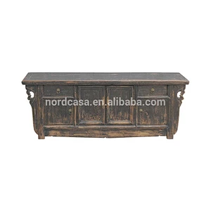Oriental antique vintage solid wooden black lacquer buffet distressed cabinet
