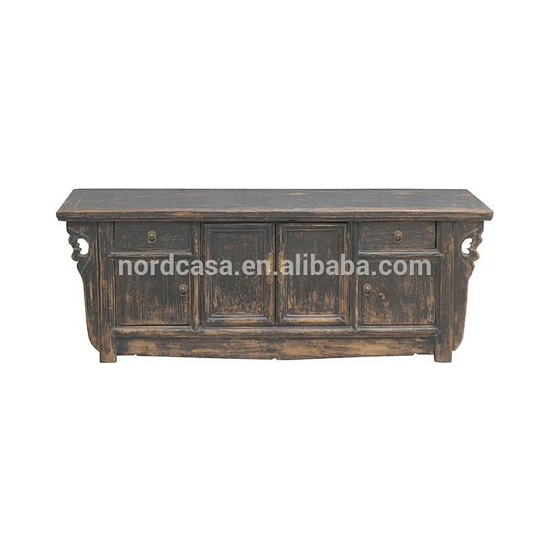 Oriental antique vintage solid wooden black lacquer buffet distressed cabinet