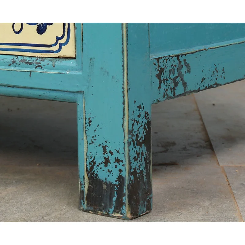 chinese antique Mediterranean blue and white painted solid wooden vintage living room buffet