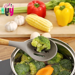 heat-resistant silicone kitchen tool set with wooden handle