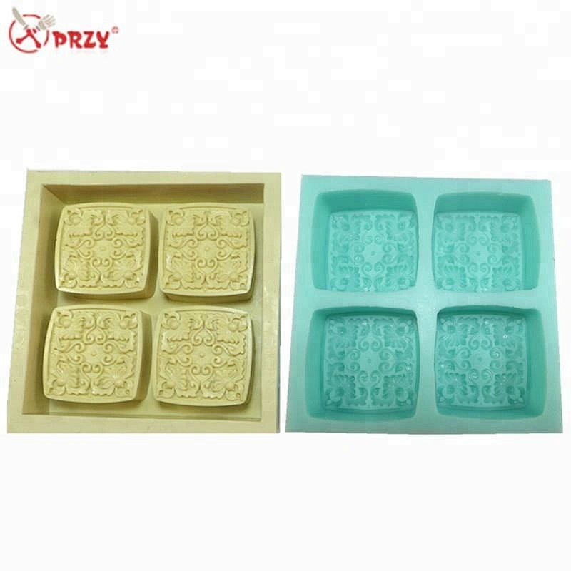 4 Cavities flower pattern Cake mould Silicone Curved Soap molds square Ice mold