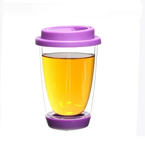 2018 Eco-Friendly 350ml double wall anti-heat glass tea mug with colorful silicone lid with good quality