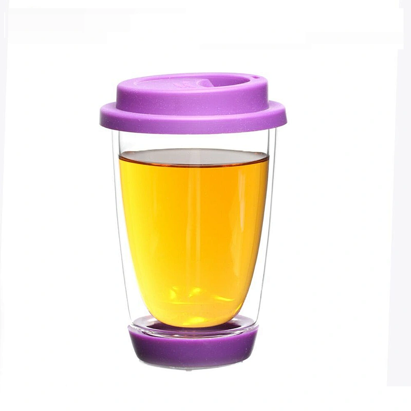 2018 Eco-Friendly 350ml double wall anti-heat glass tea mug with colorful silicone lid with good quality