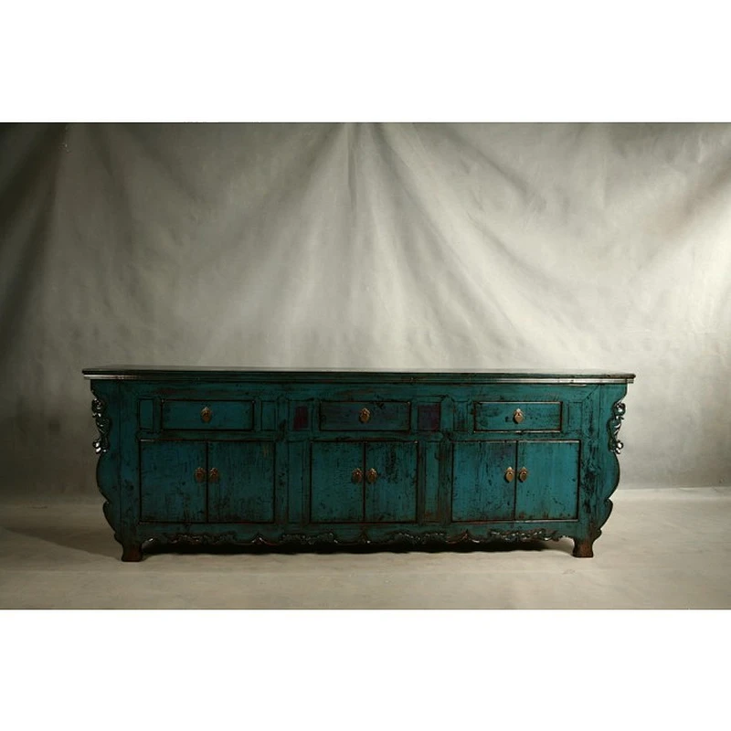 Chinese Antique Dark Blue Three Drawer Six door Cabinet Furniture