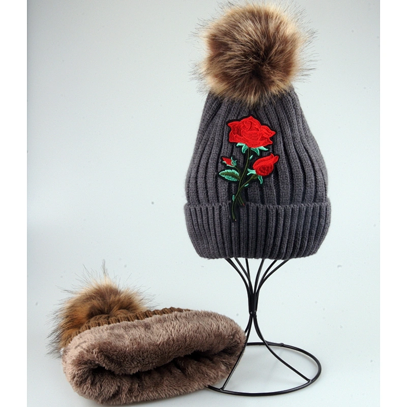 New Product Super Quality Rose Woman Emboribery Slouch Beanie Hat Knitted Beanie Hat