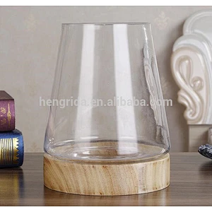 Flower Glass Vase with Wood Base For Decoration