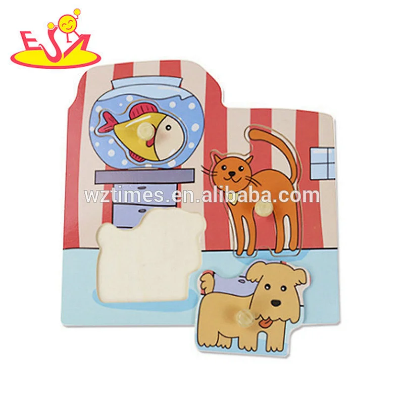 Wholesale promotional gift wooden cartoon design knob puzzle toy for 1 years old baby W14M139