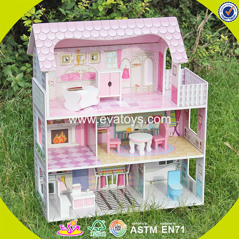 2018 Wholesale pink wooden dollhouse kits top fashion girls wooden dollhouse kits cheap kid wooden dollhouse kits W06A139